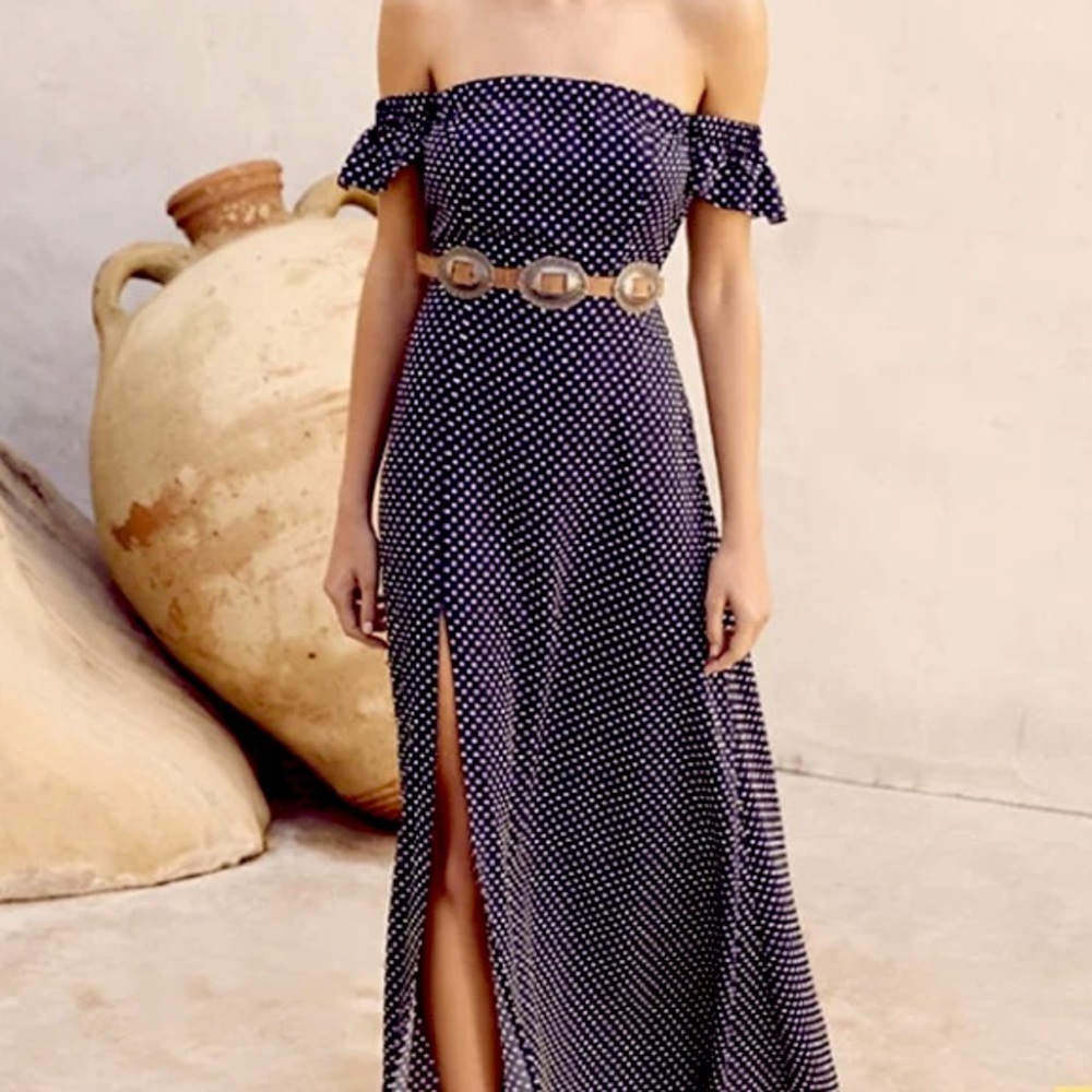 Lulus Dream Love Navy Blue Polka Dot Off-The-Shoulder Maxi Dress - S